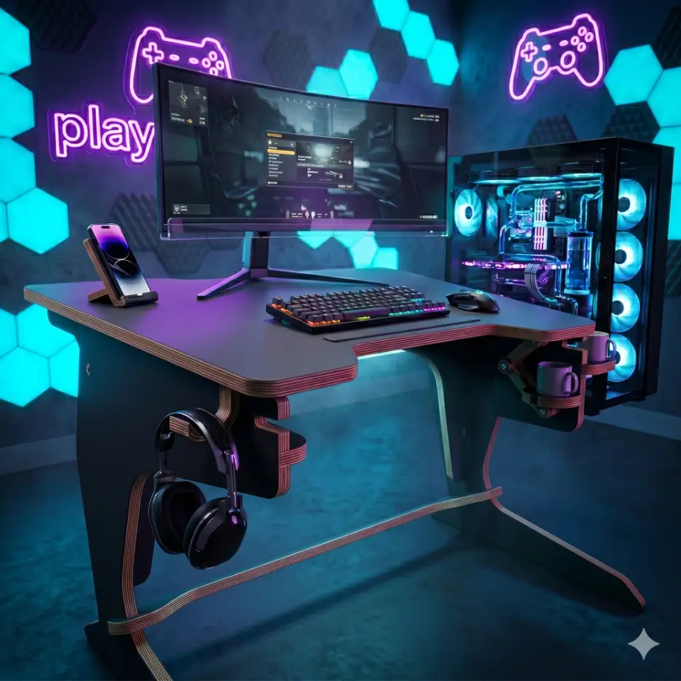 Side view of playDesk3 gaming desk showing the 10-degree ergonomic inclination with carbon fiber surface and exposed plywood edges.