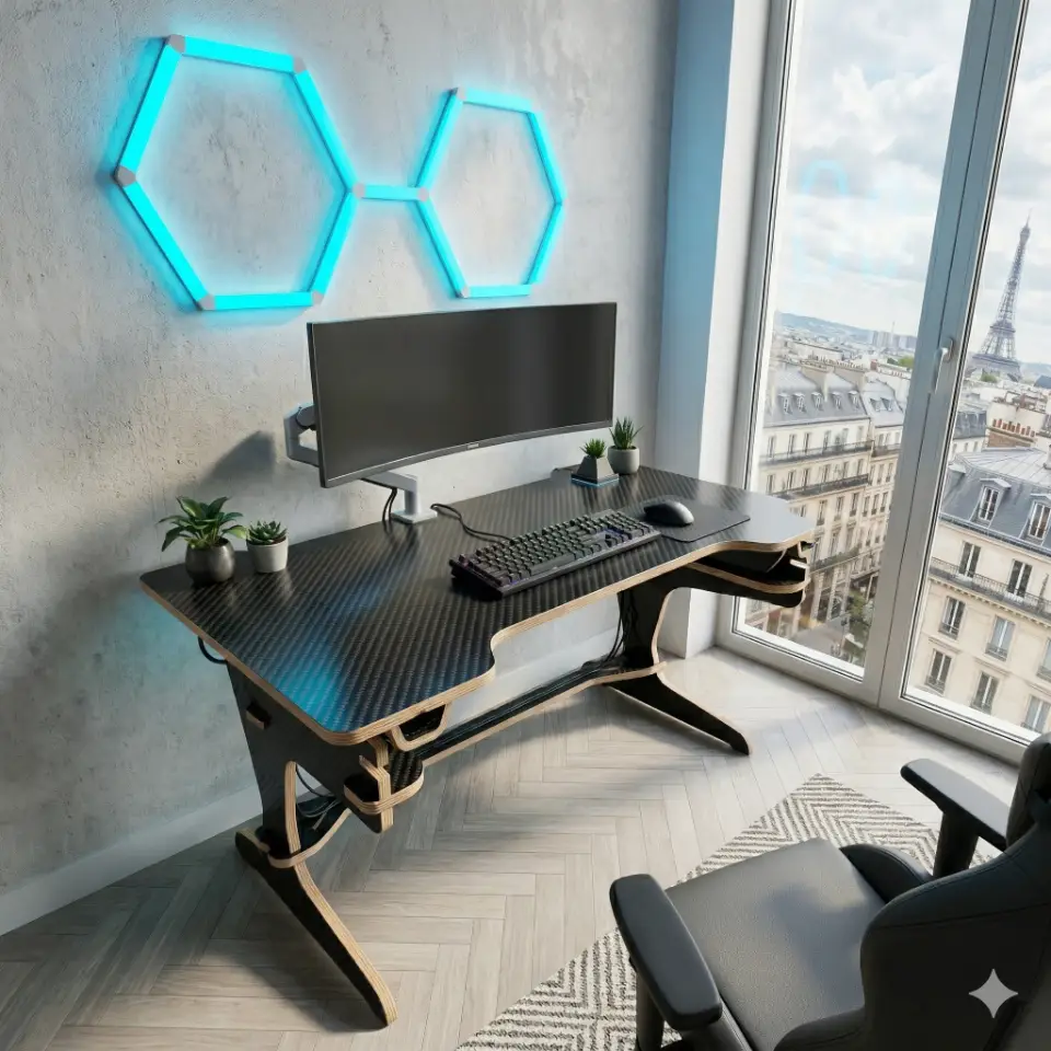 A photorealistic render of the Turnifure playDesk3 Gaming Desk in a modern Parisian apartment, featuring a sleek carbon fiber surface and raw plywood edges. The ergonomic desk is set in a vibrant gaming environment with natural light and a window view showing a partly cloudy sky. A wall art element in a striking blue hue (HEX #0098ff) adds a pop of color.