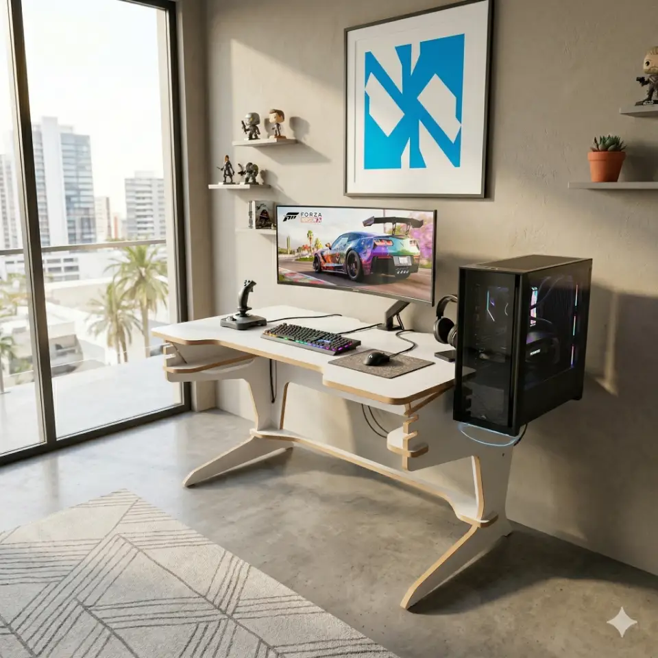 Modern playDesk3 gaming desk with adjustable ergonomics, featuring white melamine surfaces and raw MDF edges, set in a bright, organized gamer's room. A blue accent poster is visible on the wall.