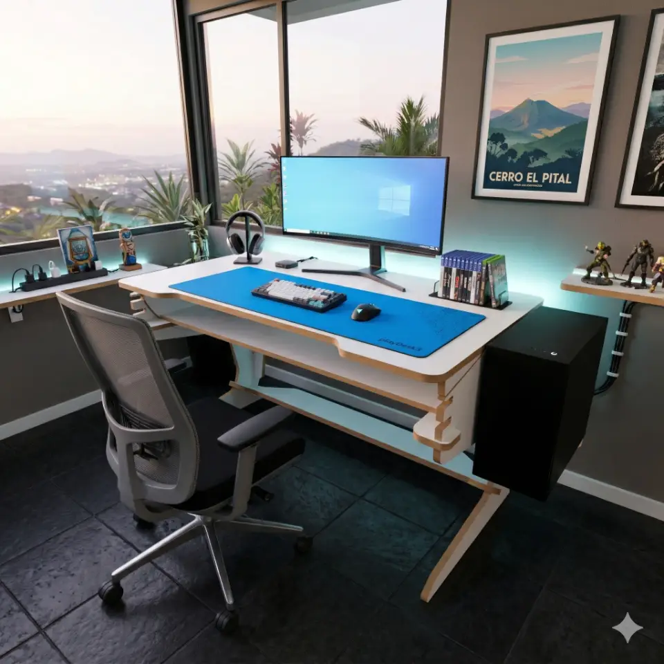 Photorealistic render of a Turnifure playDesk3 Gaming Desk. The desk features crisp white melamine surfaces and contrasting raw MDF edges. It's set in a modern, organized gamer's room in El Salvador during the early morning hours, with an 'out the window' view showing clear skies and mild temperatures. The scene includes gaming accessories like a monitor, keyboard, mouse, and an ergonomic chair. A vibrant blue (HEX #0098ff) gaming mousepad adds a pop of color to the desk setup.