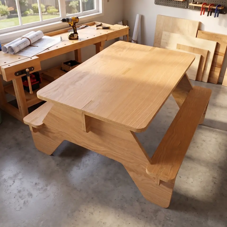 A custom-designed, parametrically generated CNC picnic table made of light birch wood with exposed plywood edges, set in a bright, modern indoor space.