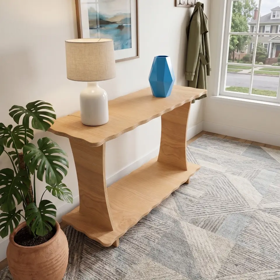 Modern narrow entryway table with wavy design, crafted from light Birch wood with natural plywood edges, staged in a minimalist home interior.