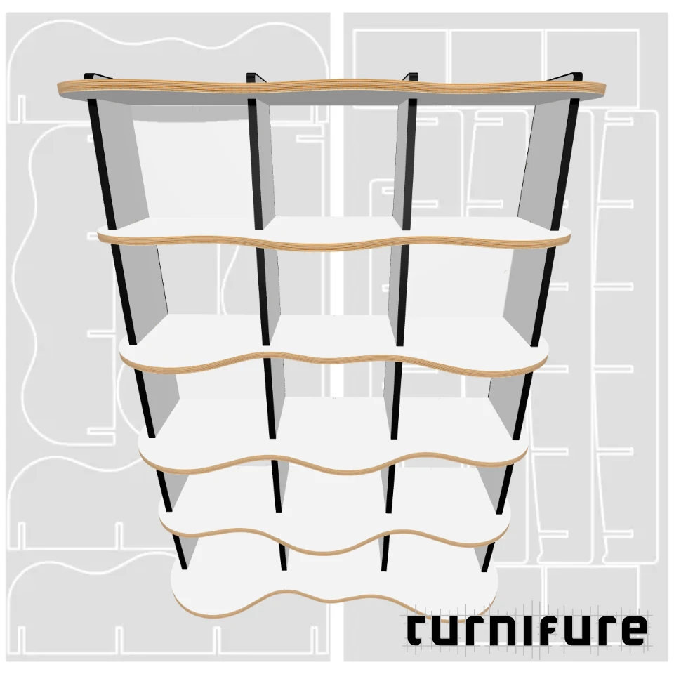 Wavy Standing Bookshelf M1 - 120 x 170 x 38 cm (2 Boards Tall) - Material: 3/4 in