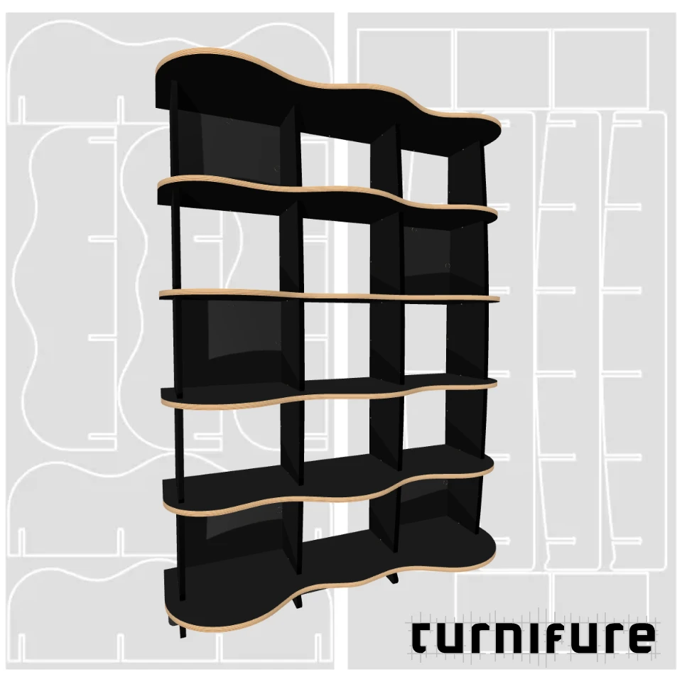 Wavy Standing Bookshelf M1 - 120 x 170 x 38 cm (2 Boards Tall) - Material: 5/8 in