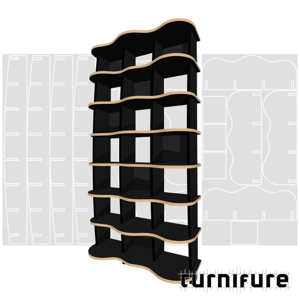 Wavy Standing Bookshelf M1 - 120 x 240 x 41 cm (3 Boards Tall) - Material: 1 in