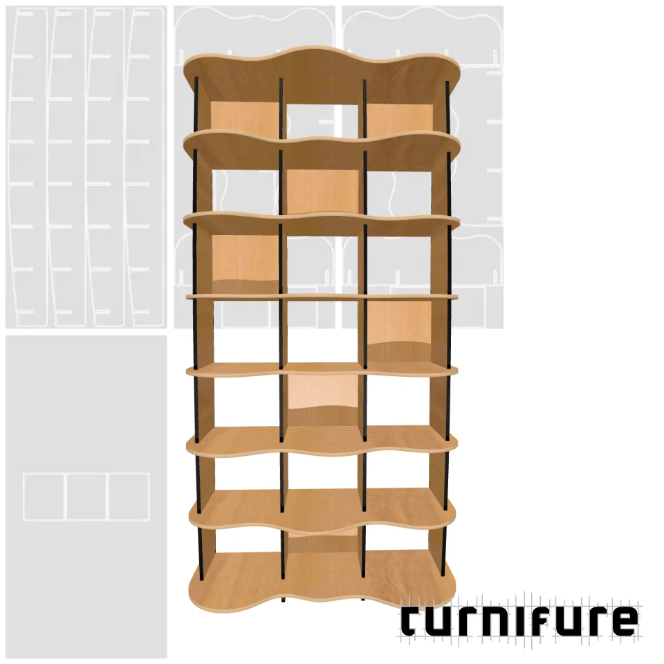 Wavy Standing Bookshelf M1 - 120 x 240 x 41 cm (3 Boards Tall) - Material: 15 mm