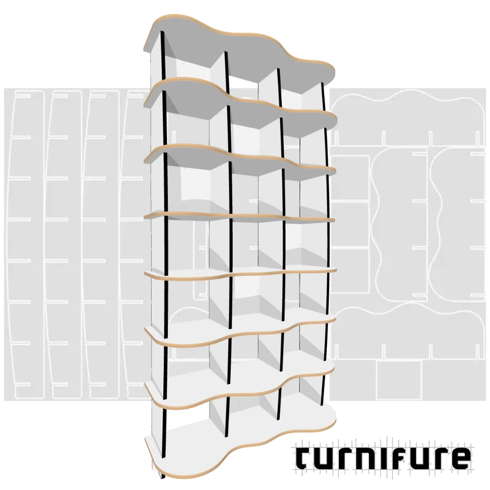 Wavy Standing Bookshelf M1 - 120 x 240 x 41 cm (3 Boards Tall) - Material: 18 mm