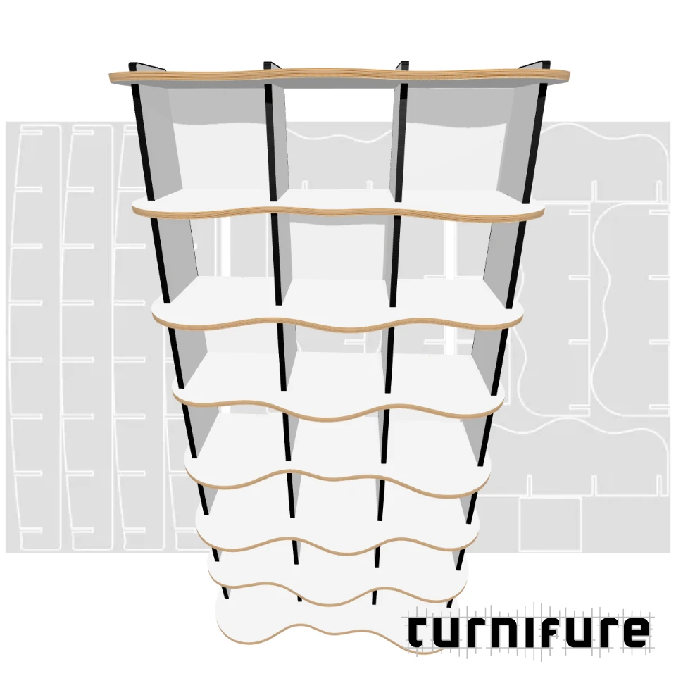 Wavy Standing Bookshelf M1 - 120 x 240 x 41 cm (3 Boards Tall) - Material: 3/4 in
