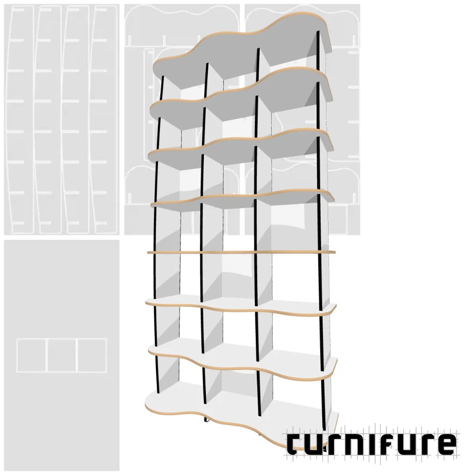 Wavy Standing Bookshelf M1 - 120 x 240 x 41 cm (3 Boards Tall) - Material: 5/8 in
