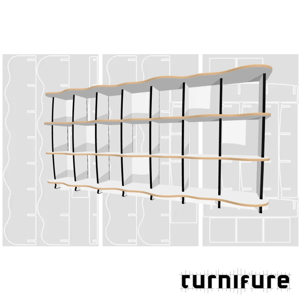 Wavy Standing Bookshelf M1 - 240 x 120 x 41 cm (3 Boards Long) - Material: 3/4 in