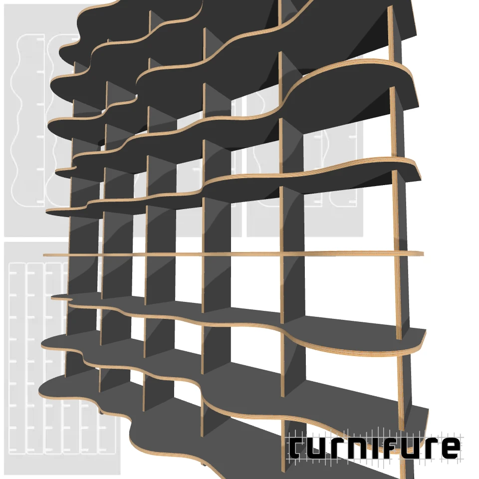 Wavy Bookshelf M1 - Max Capacity Wall Unit (2m) - Intl - Material: 1/2 in